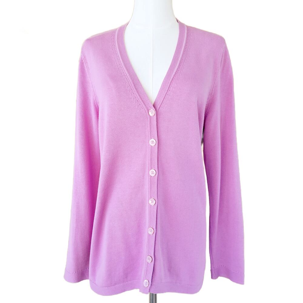 TALBOTS Cardigan Sweater Large Petite Orchid Purple Pink V-neck Cotton